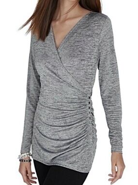 White House Black Market Silver Gray Spacedye Tunic Top Rouched Surplice